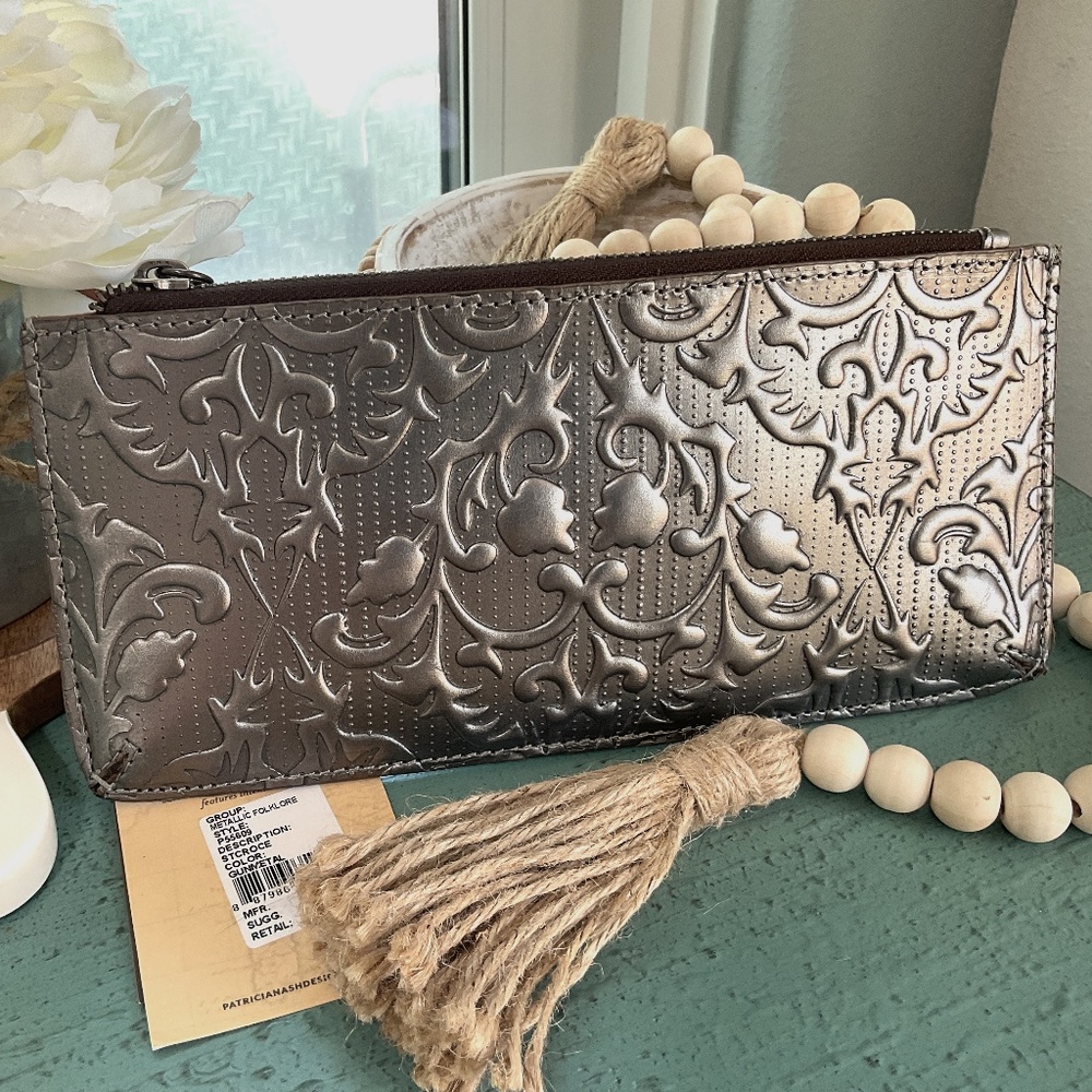 Patricia Nash Leather Gun Metal Folklore St. Croce Clutch